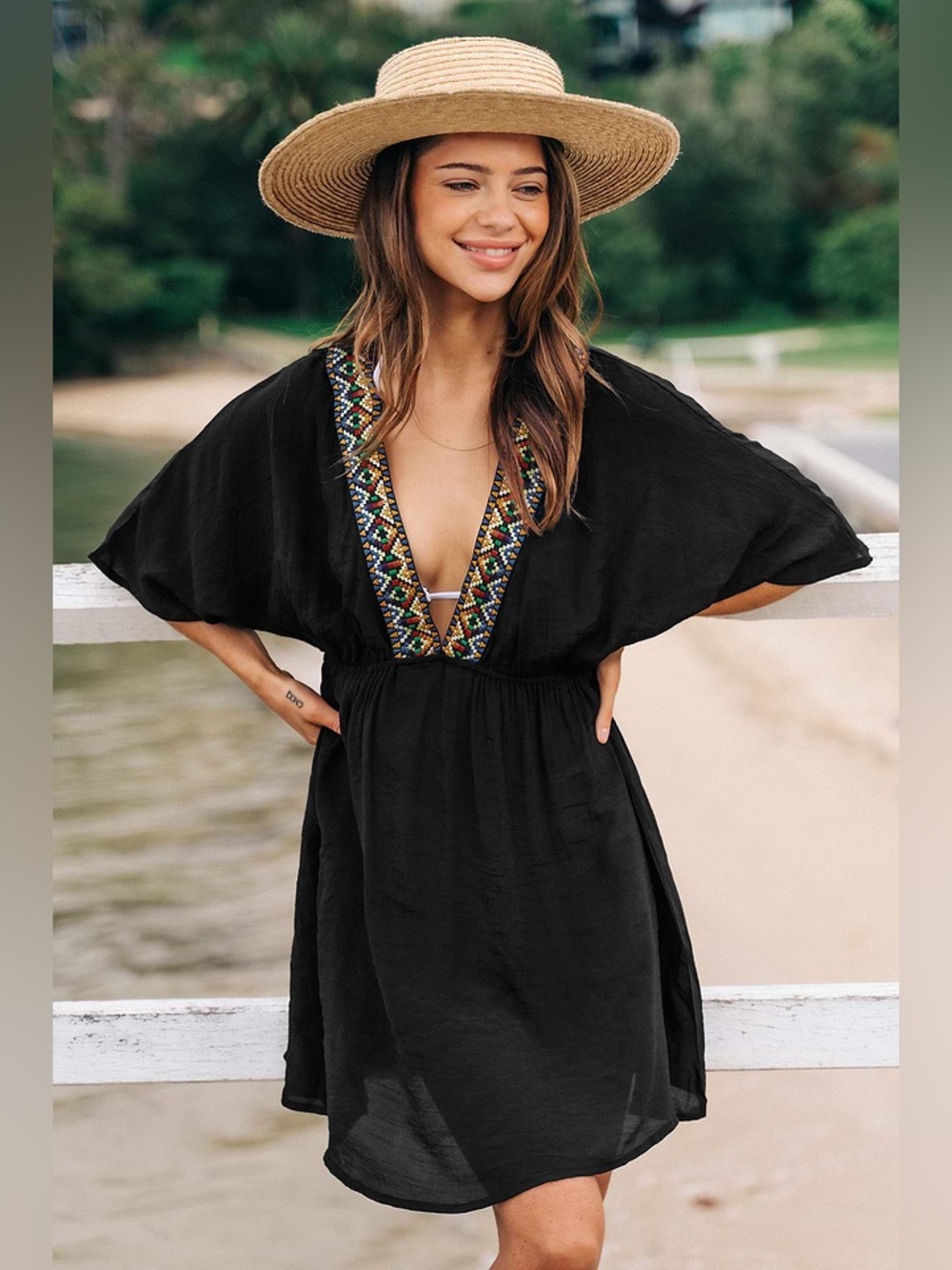 NWT CUPSHE Beach Cover Up V Neck Swimwear Embroidered Black Mini Dress Size S